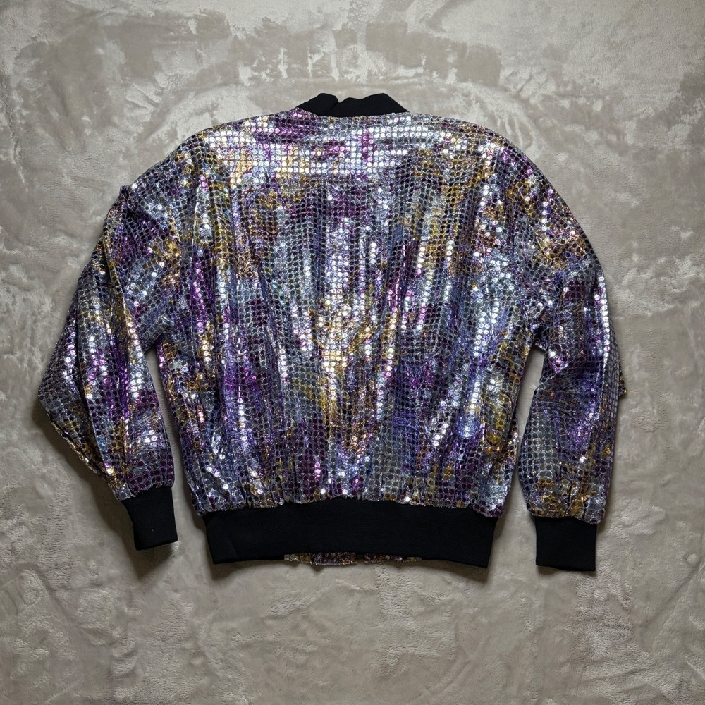 VTG 80s Golden River Sequin Bomber Jacket Womens S/M Iridescent Glam Disco Boxy - Picture 3 of 7